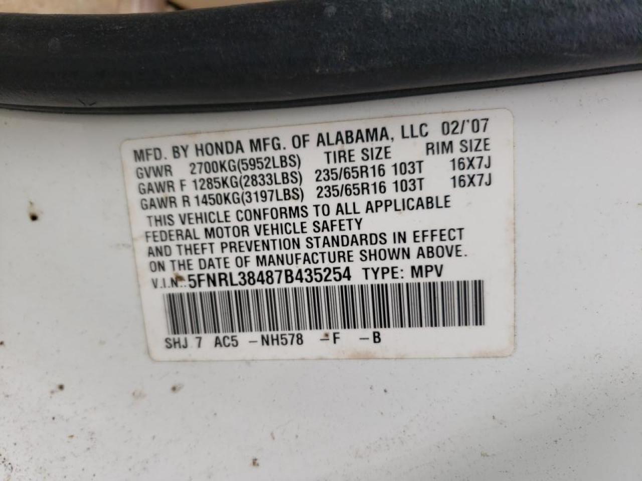 Photo 10 from auction – 2007 HONDA ODYSSEY EX with VIN 5FNRL38487B435254