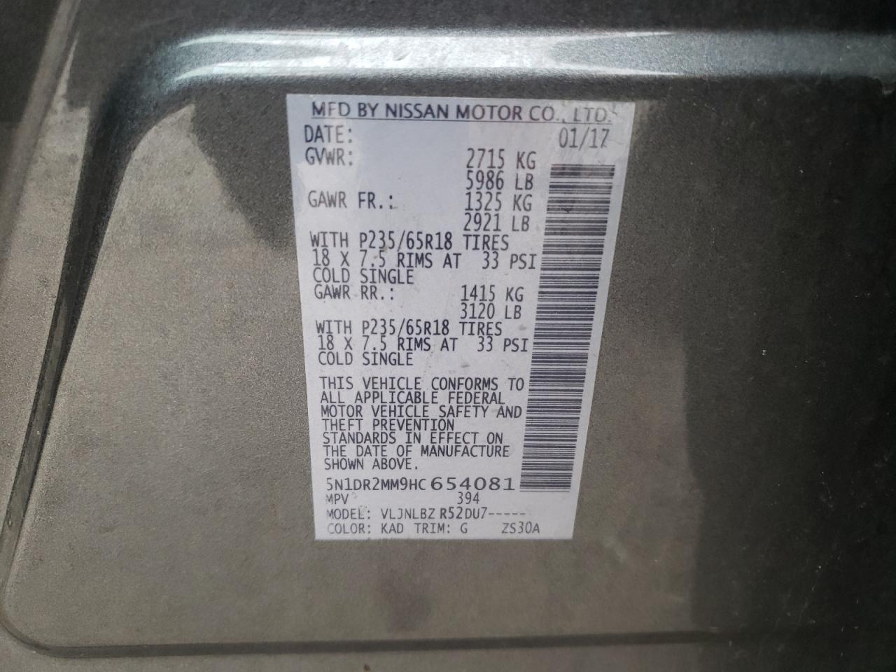 Photo 10 from auction – 2017 NISSAN PATHFINDER with VIN 5N1DR2MM9HC654081
