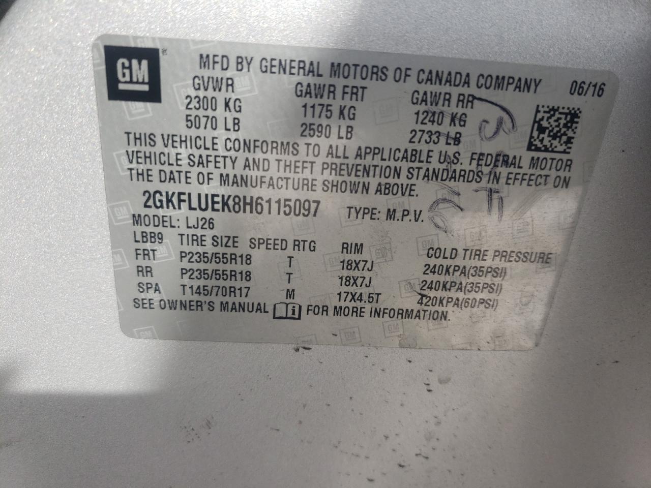 Photo 10 from auction – 2017 GMC TERRAIN SL with VIN 2GKFLUEK8H6115097