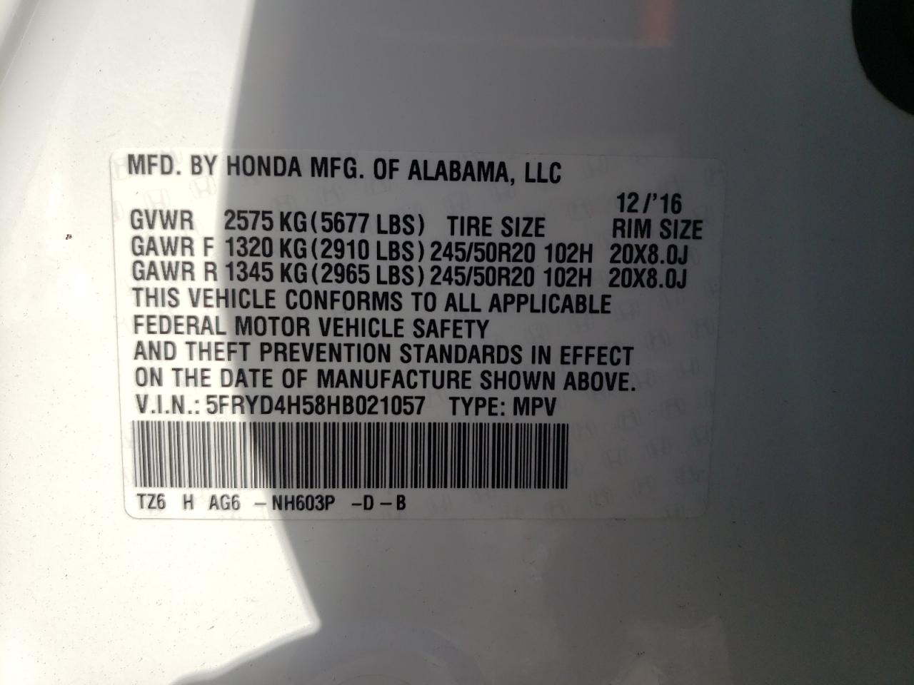 Photo 10 from auction – 2017 ACURA MDX TECHNO with VIN 5FRYD4H58HB021057