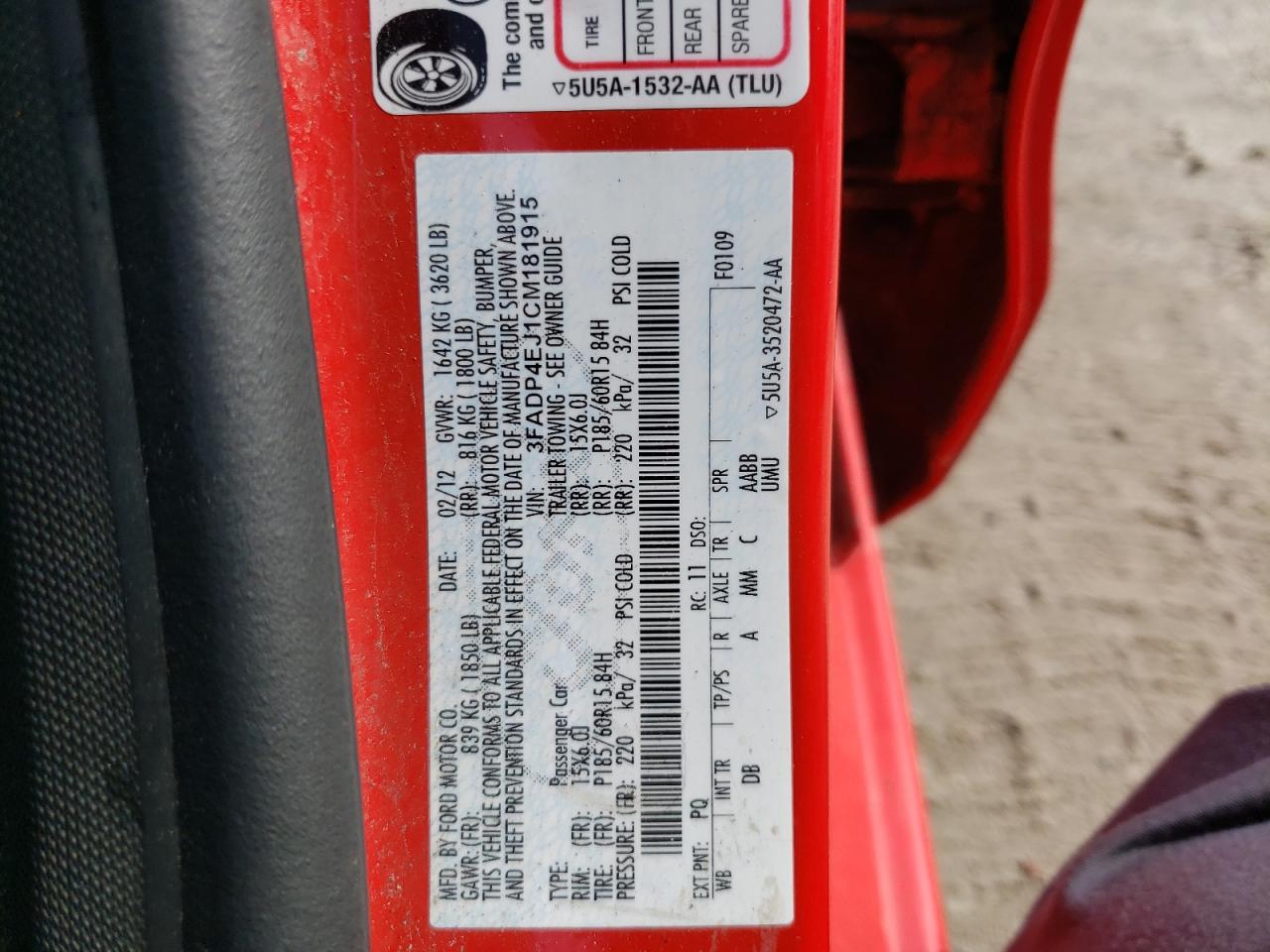 Photo 10 from auction – 2012 FORD FIESTA SE with VIN 3FADP4EJ1CM181915