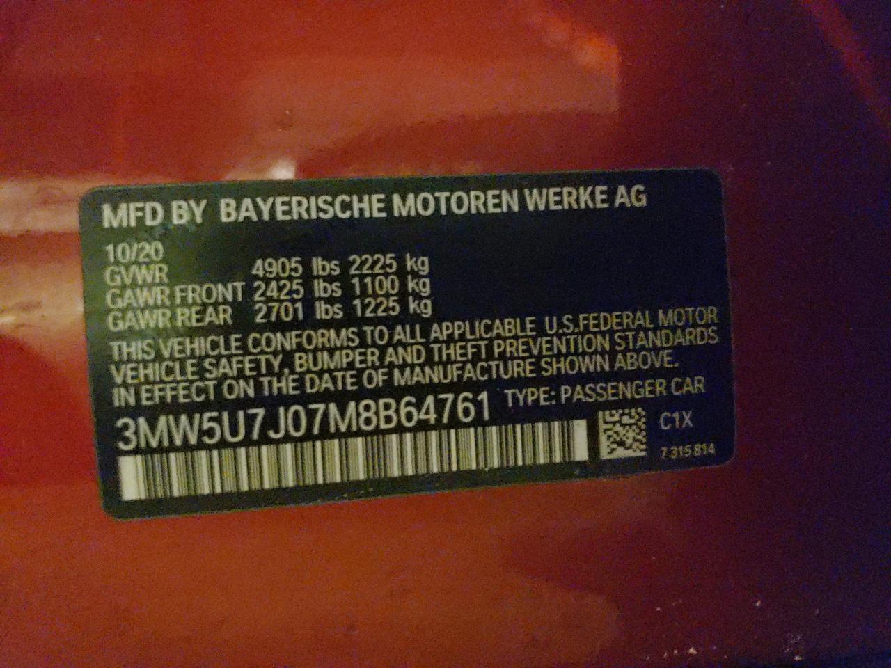 Photo 10 from auction – 2021 BMW M340I with VIN 3MW5U7J07M8B64761
