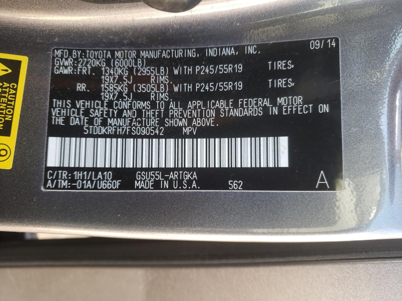 Photo 10 from auction – 2015 TOYOTA HIGHLANDER with VIN 5TDDKRFH7FS090542