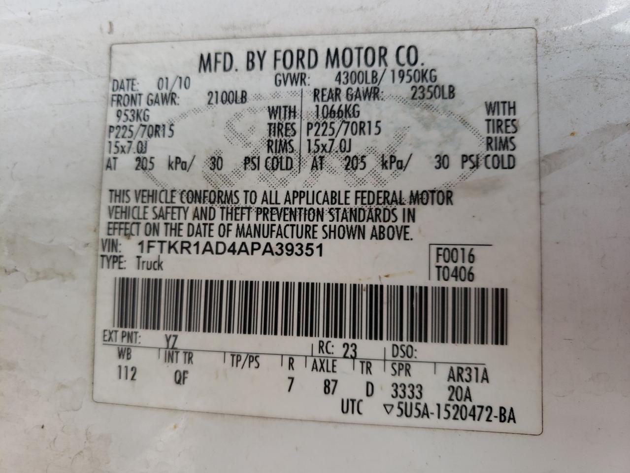 Photo 10 from auction – 2010 FORD RANGER with VIN 1FTKR1AD4APA39351