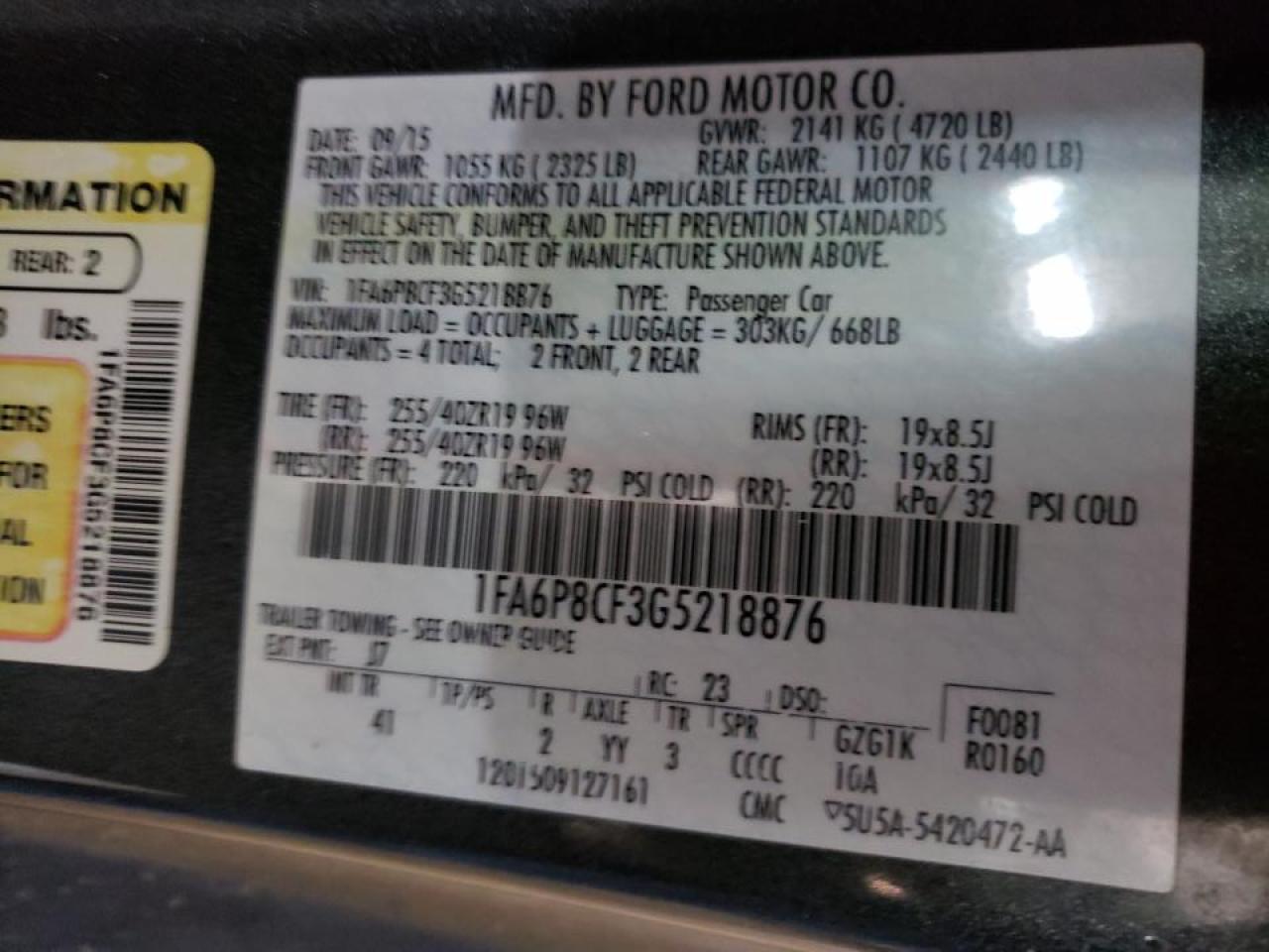Photo 10 from auction – 2016 FORD MUSTANG GT with VIN 1FA6P8CF3G5218876
