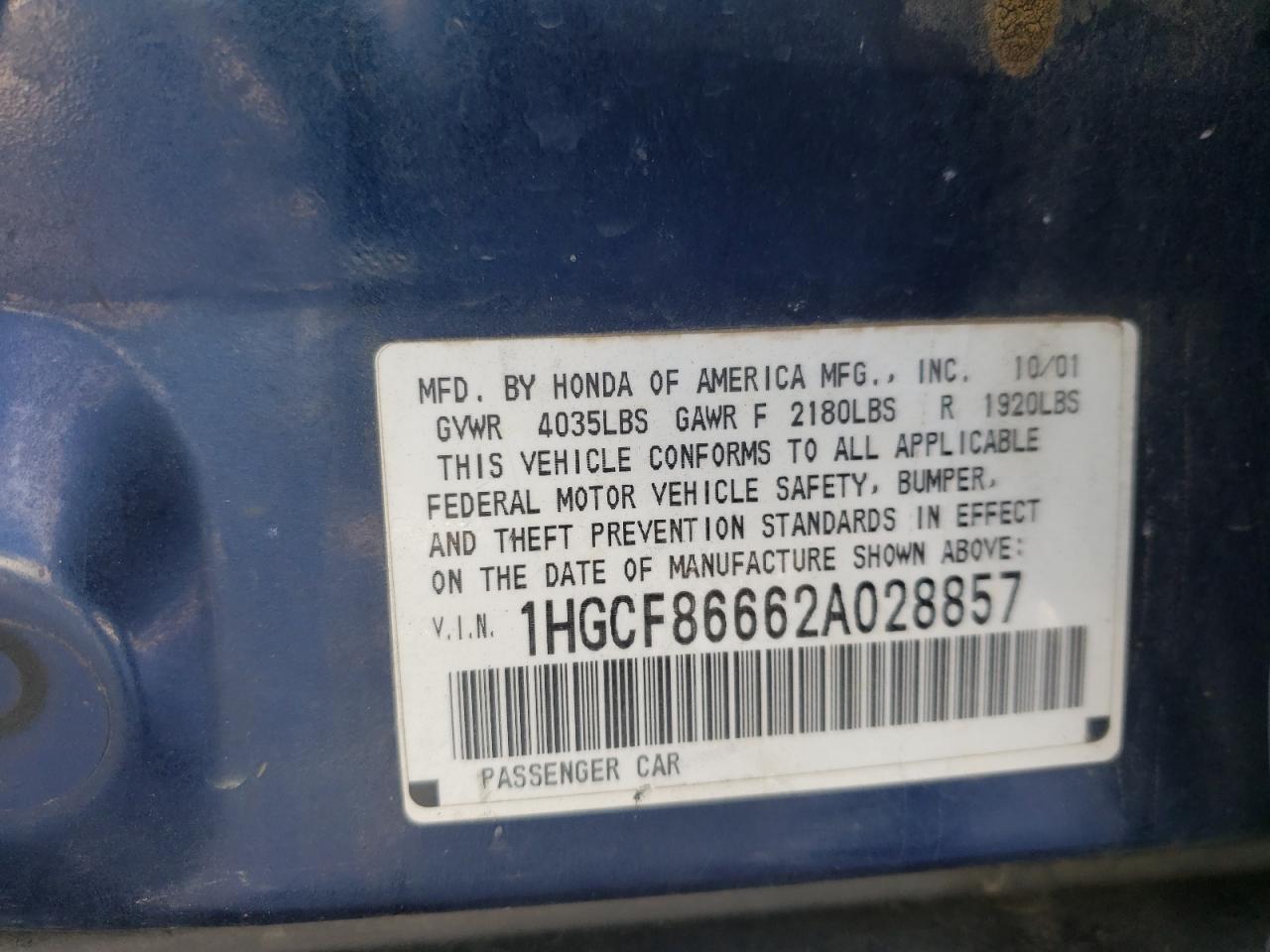 Photo 10 from auction – 2002 HONDA ACCORD VAL with VIN 1HGCF86662A028857