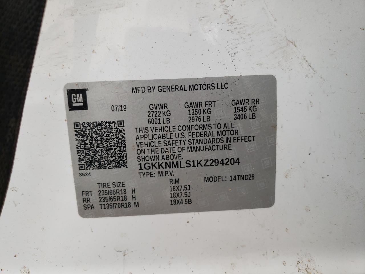 Photo 10 from auction – 2019 GMC ACADIA SLT with VIN 1GKKNMLS1KZ294204