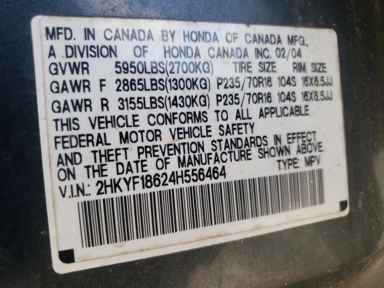Photo 10 from auction – 2004 HONDA PILOT EXL with VIN 2HKYF18624H556464