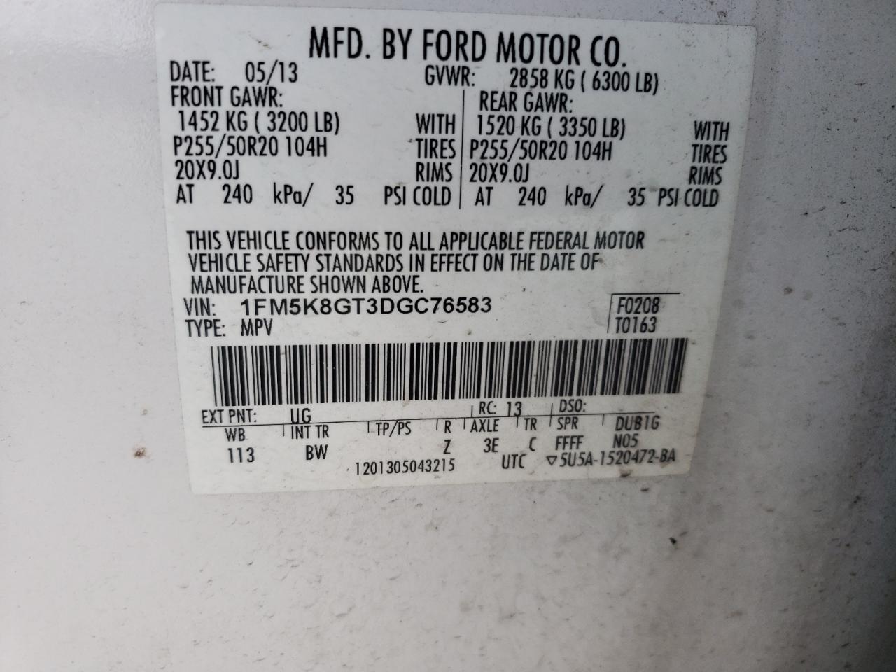 Photo 10 from auction – 2013 FORD EXPLORER S with VIN 1FM5K8GT3DGC76583