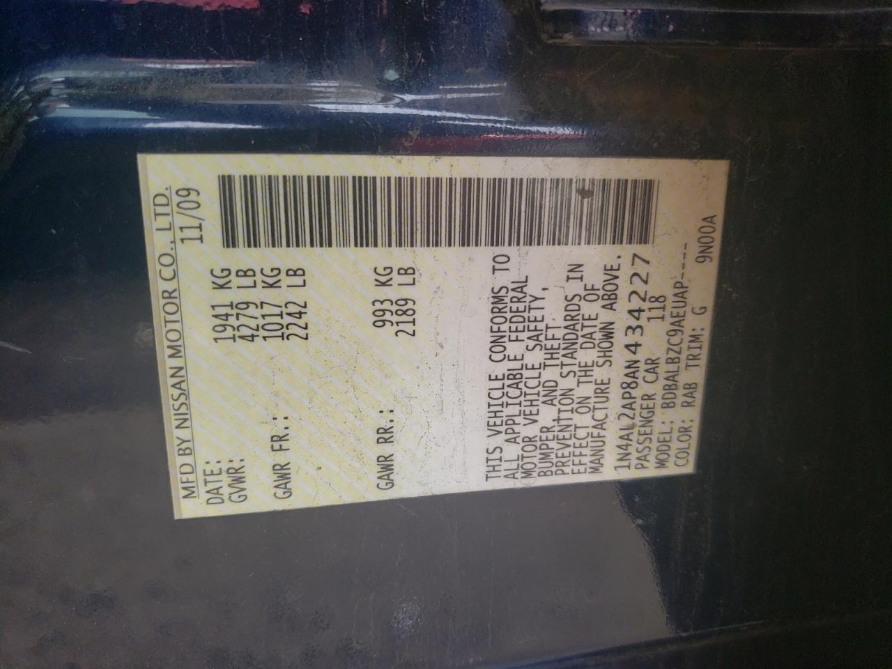 Photo 10 from auction – 2010 NISSAN ALTIMA BAS with VIN 1N4AL2AP8AN434227