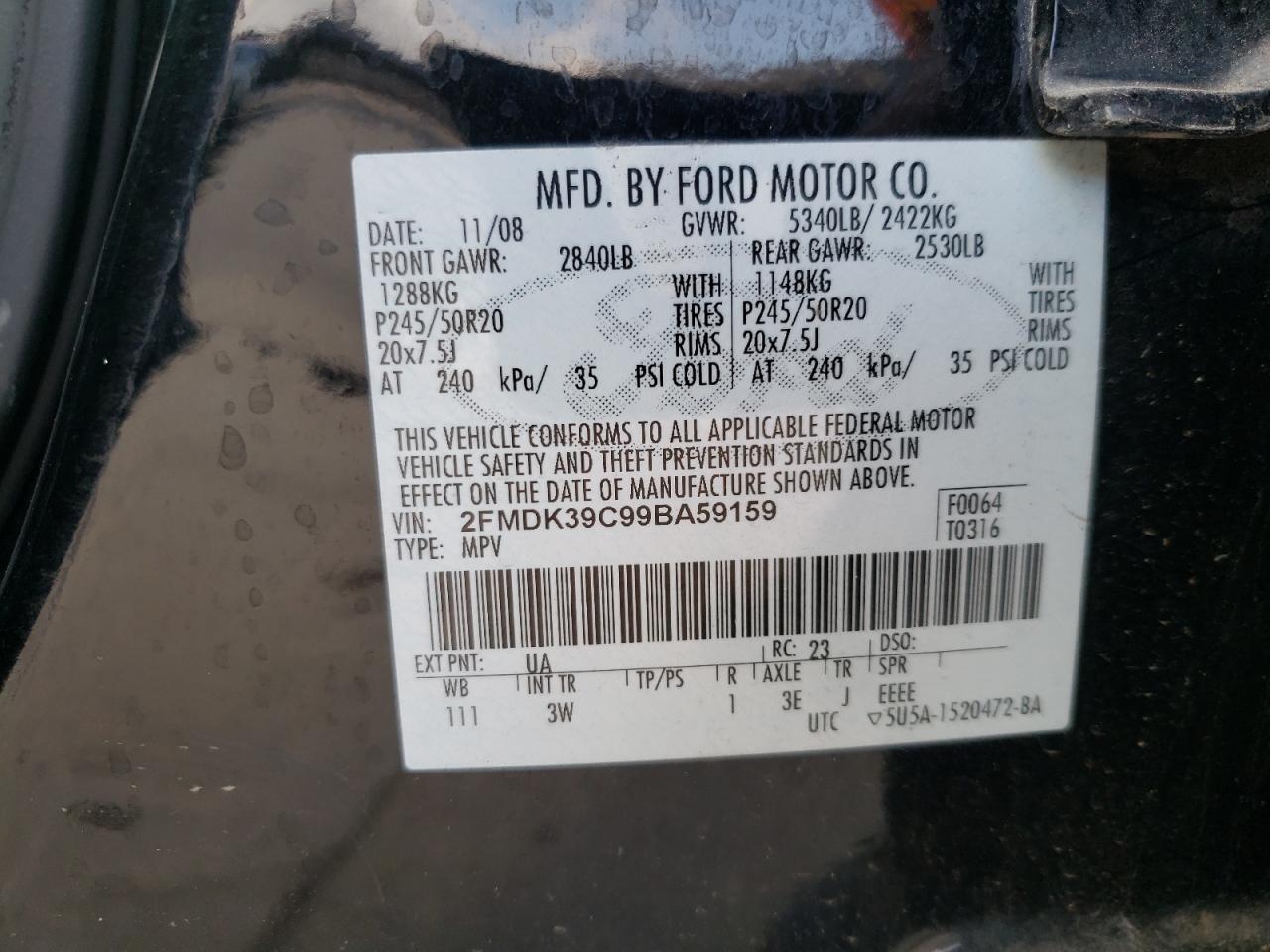 Photo 10 from auction – 2009 FORD EDGE LIMIT with VIN 2FMDK39C99BA59159