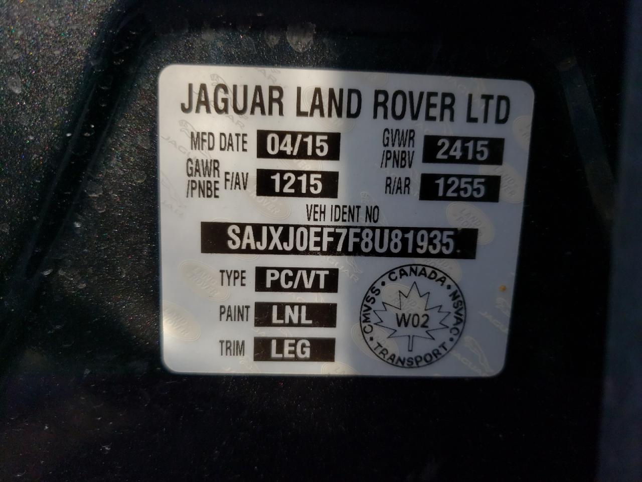 Photo 10 from auction – 2015 JAGUAR XF with VIN SAJXJ0EF7F8U81935