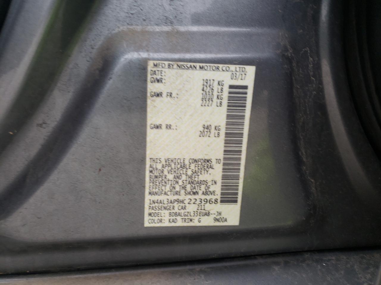 Photo 10 from auction – 2017 NISSAN ALTIMA 2.5 with VIN 1N4AL3AP9HC223968