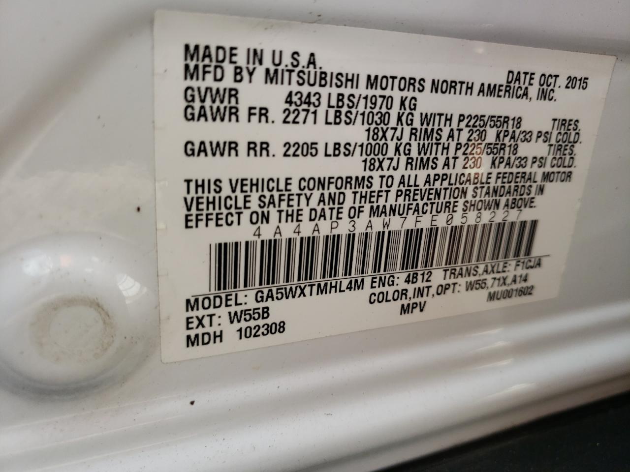 Photo 10 from auction – 2015 MITSUBISHI OUTLANDER with VIN 4A4AP3AW7FE058227