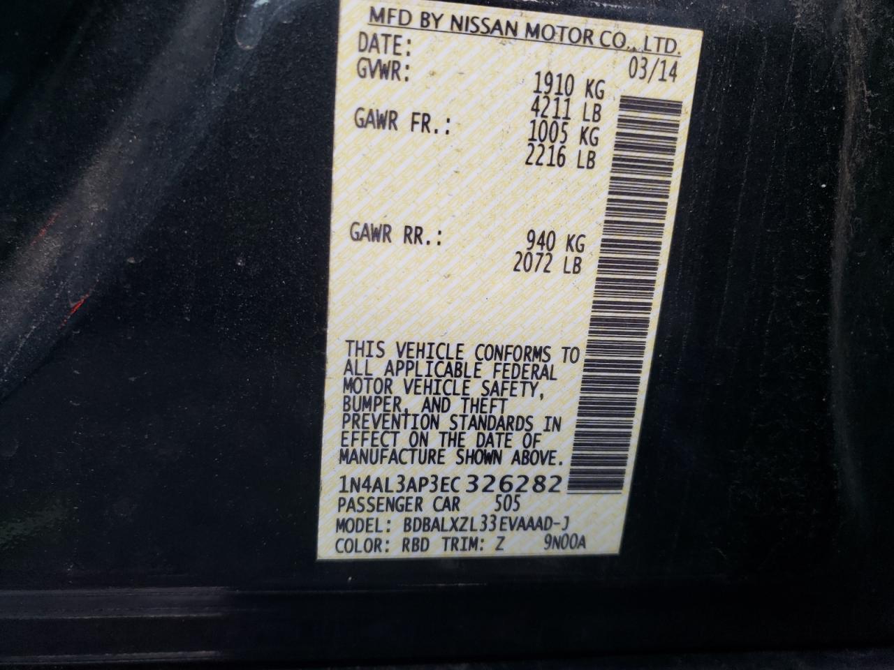 Photo 10 from auction – 2014 NISSAN ALTIMA 2.5 with VIN 1N4AL3AP3EC326282