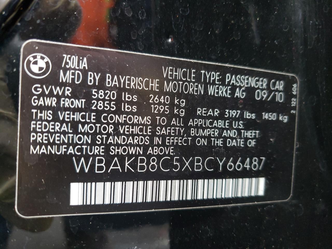 Photo 10 from auction – 2011 BMW 750 LI with VIN WBAKB8C5XBCY66487