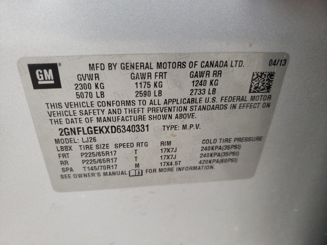 Photo 10 from auction – 2013 CHEVROLET EQUINOX LT with VIN 2GNFLGEKXD6340331