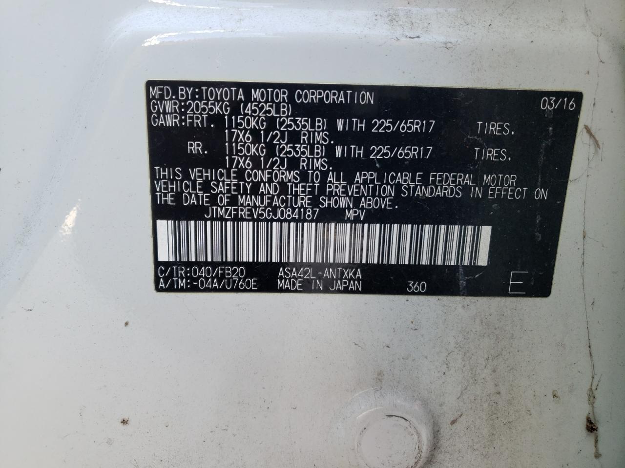 Photo 10 from auction – 2016 TOYOTA RAV4 LE with VIN JTMZFREV5GJ084187