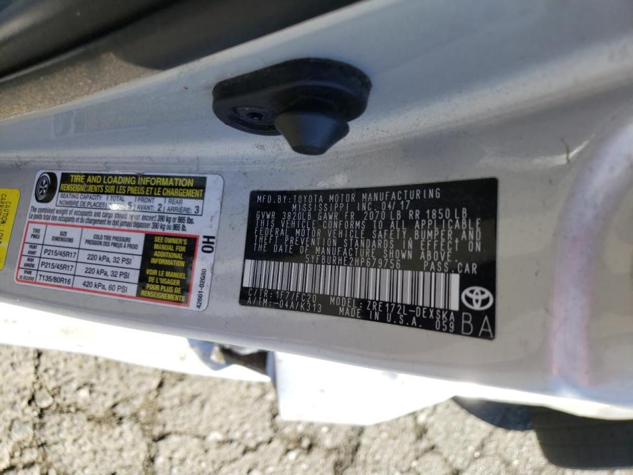 Photo 10 from auction – 2017 TOYOTA COROLLA L with VIN 5YFBURHE2HP679756