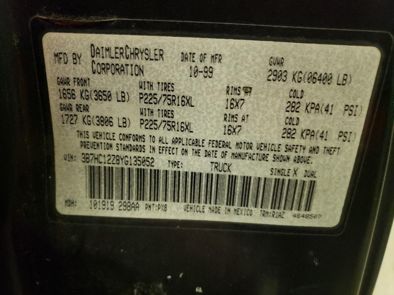 Photo 10 from auction – 2000 DODGE RAM 1500 with VIN 3B7HC12Z8YG135052