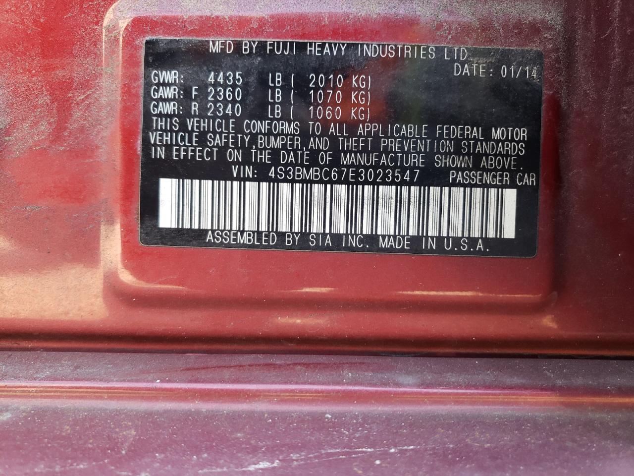 Photo 10 from auction – 2014 SUBARU LEGACY with VIN 4S3BMBC67E3023547