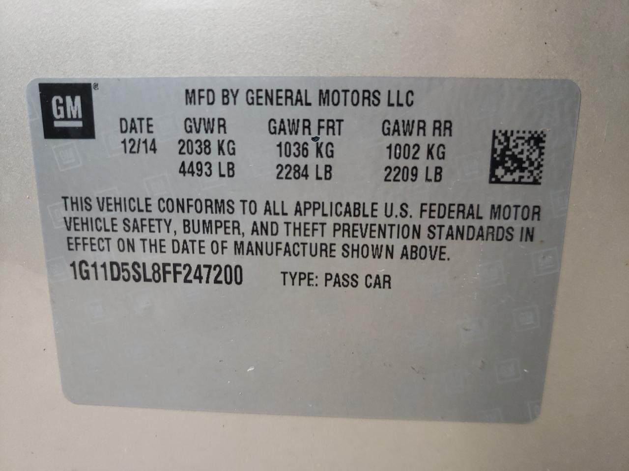 Photo 10 from auction – 2015 CHEVROLET MALIBU 2LT with VIN 1G11D5SL8FF247200
