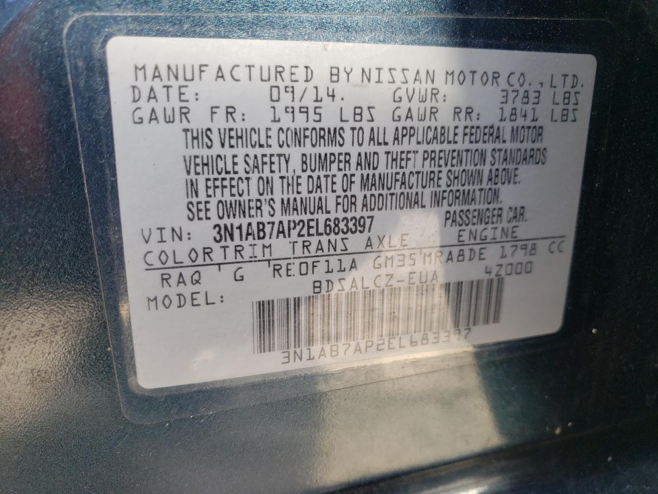 Photo 10 from auction – 2014 NISSAN SENTRA S with VIN 3N1AB7AP2EL683397