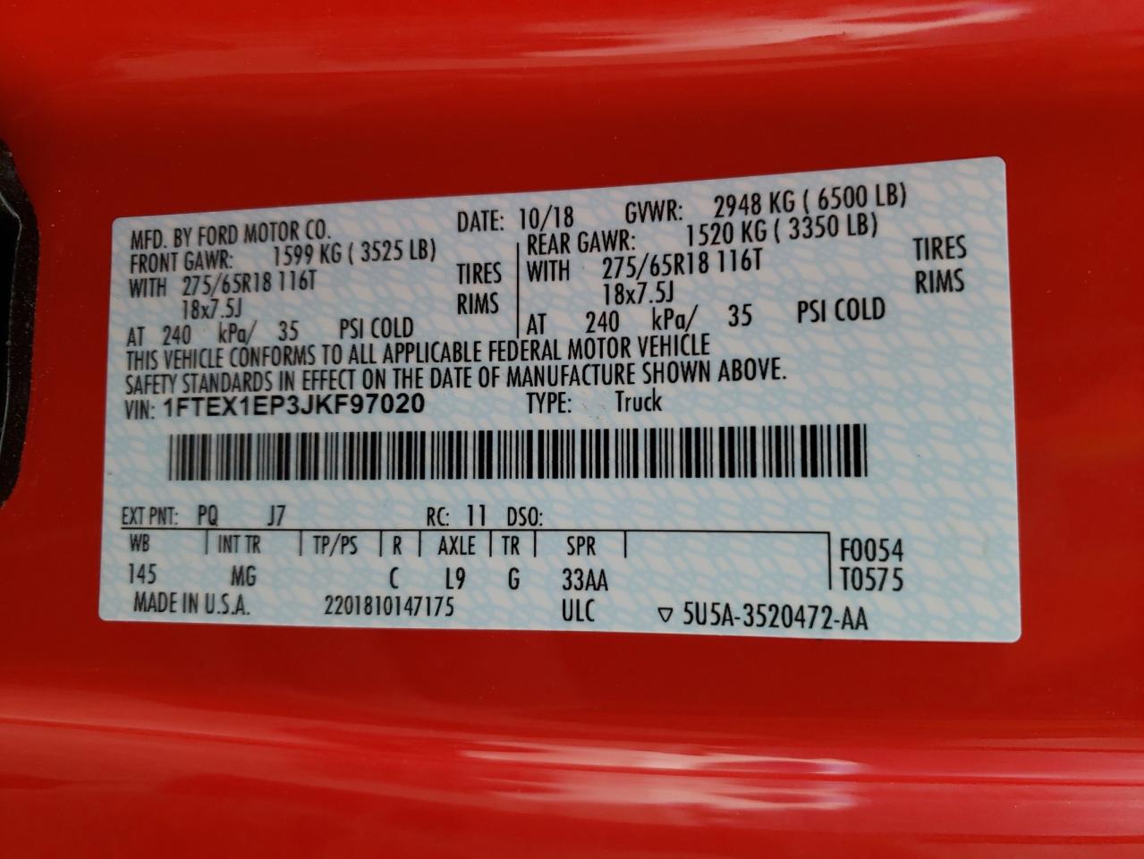 Photo 10 from auction – 2018 FORD F150 SUPER with VIN 1FTEX1EP3JKF97020