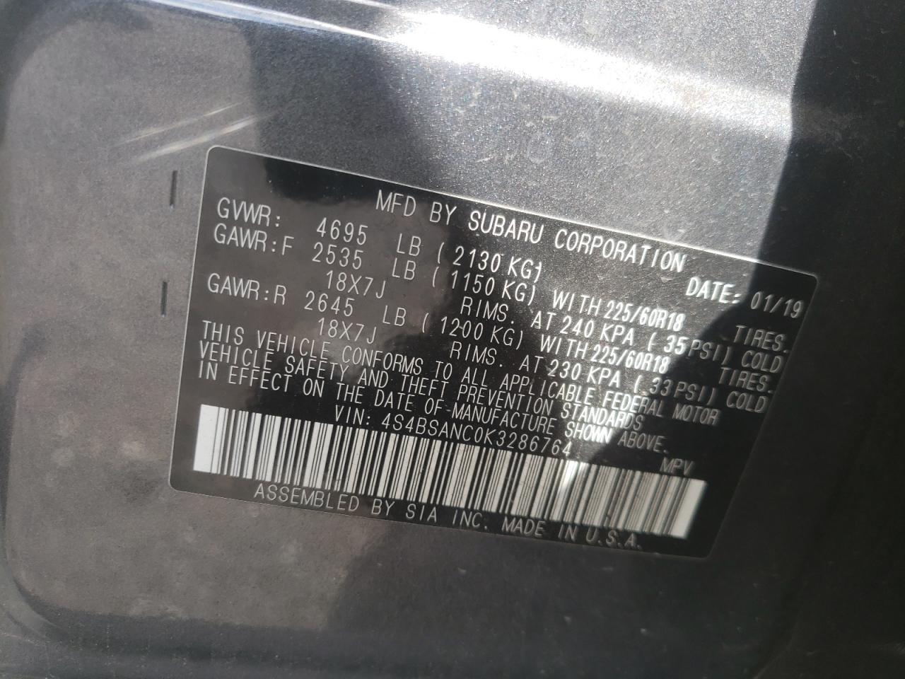 Photo 10 from auction – 2019 SUBARU OUTBACK 2. with VIN 4S4BSANC0K3286764
