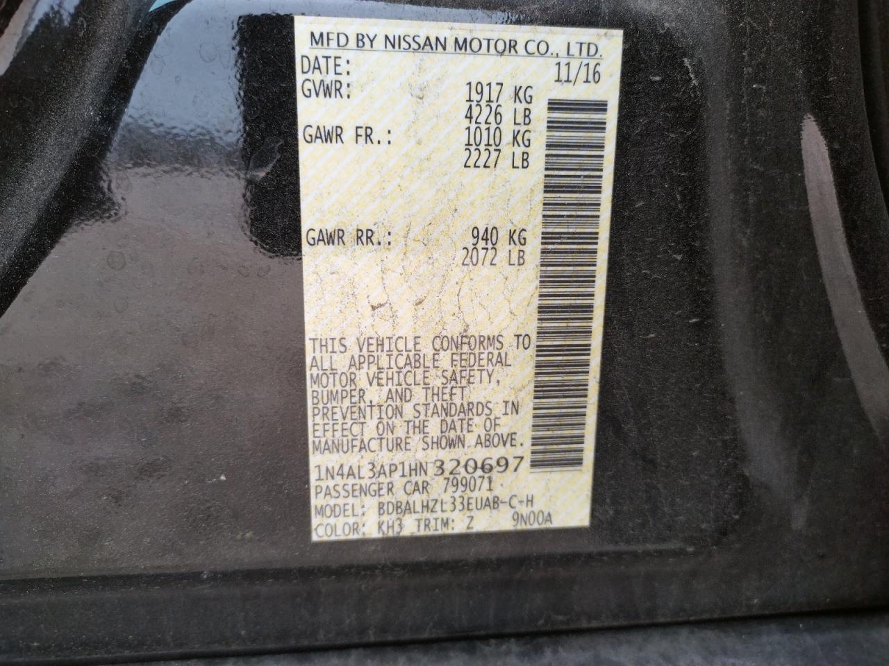 Photo 10 from auction – 2017 NISSAN ALTIMA 2.5 with VIN 1N4AL3AP1HN320697