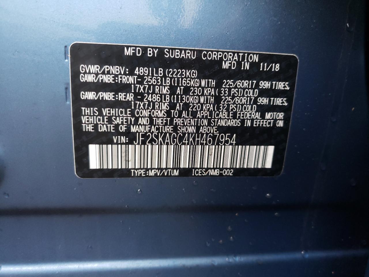 Photo 10 from auction – 2019 SUBARU FORESTER P with VIN JF2SKAGC4KH467954