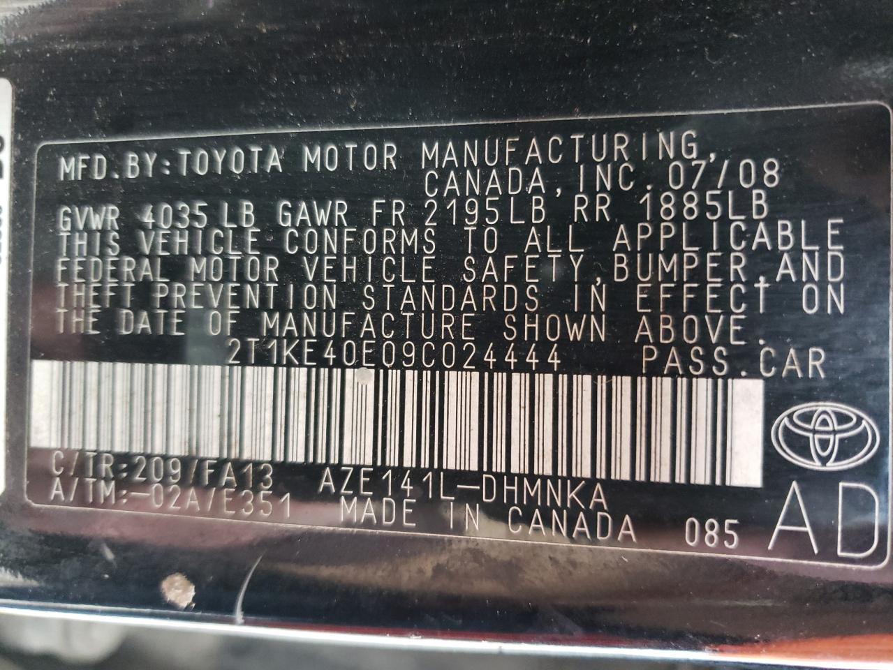 Photo 10 from auction – 2009 TOYOTA COROLLA MA with VIN 2T1KE40E09C024444