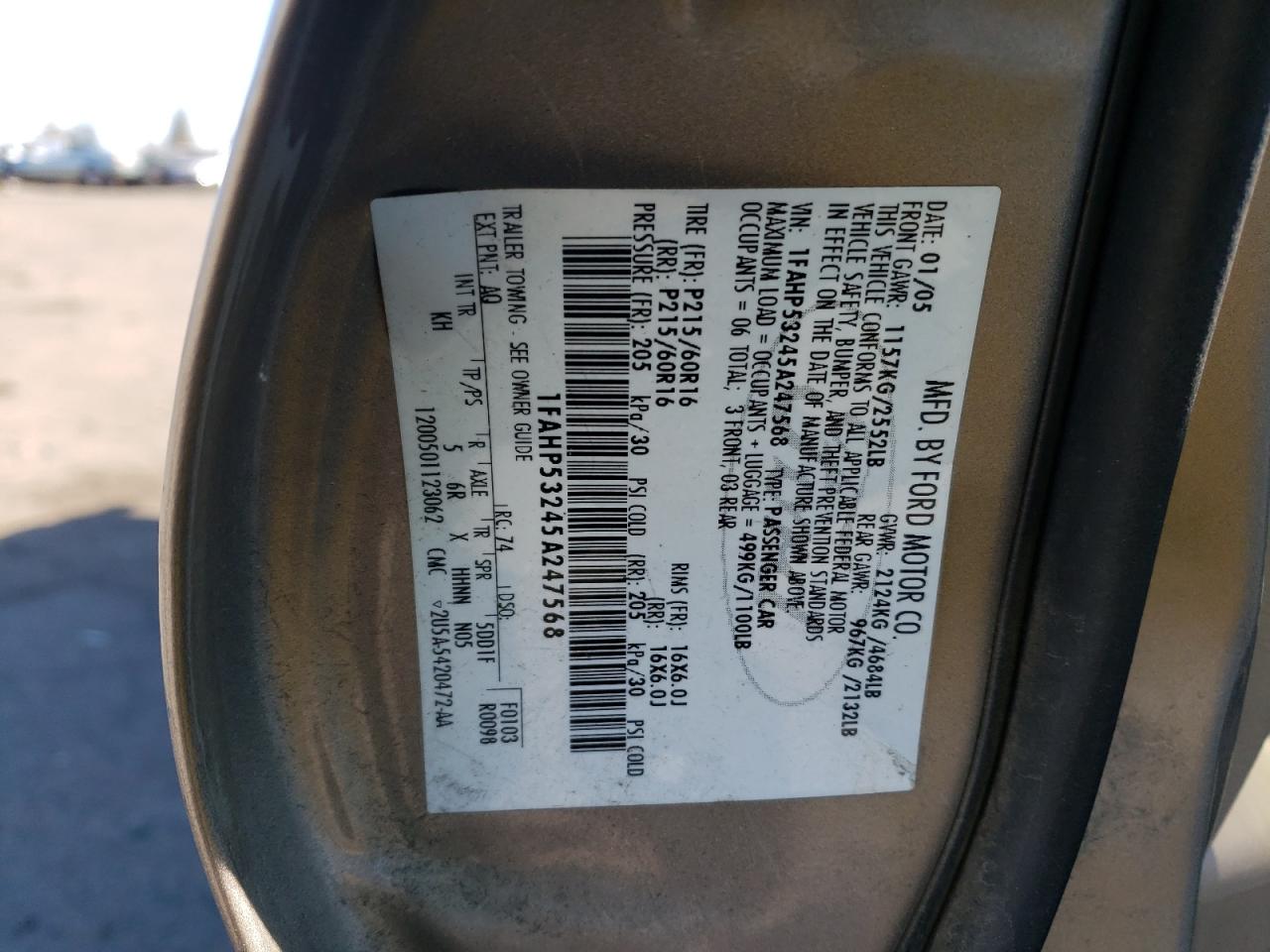 Photo 10 from auction – 2005 FORD TAURUS SE with VIN 1FAHP53245A247568