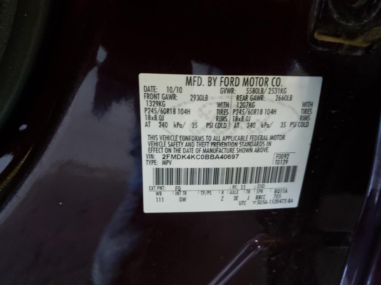 Photo 10 from auction – 2011 FORD EDGE LIMIT with VIN 2FMDK4KC0BBA40697