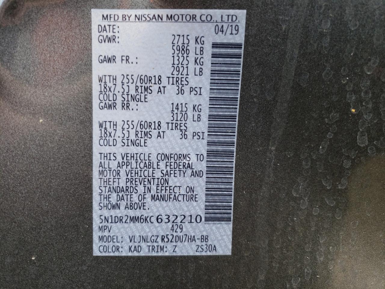 Photo 10 from auction – 2019 NISSAN PATHFINDER with VIN 5N1DR2MM6KC632210