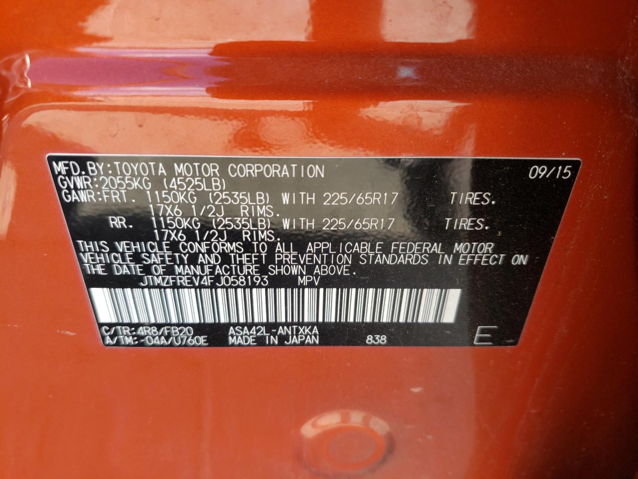 Photo 10 from auction – 2015 TOYOTA RAV4 LE with VIN JTMZFREV4FJ058193