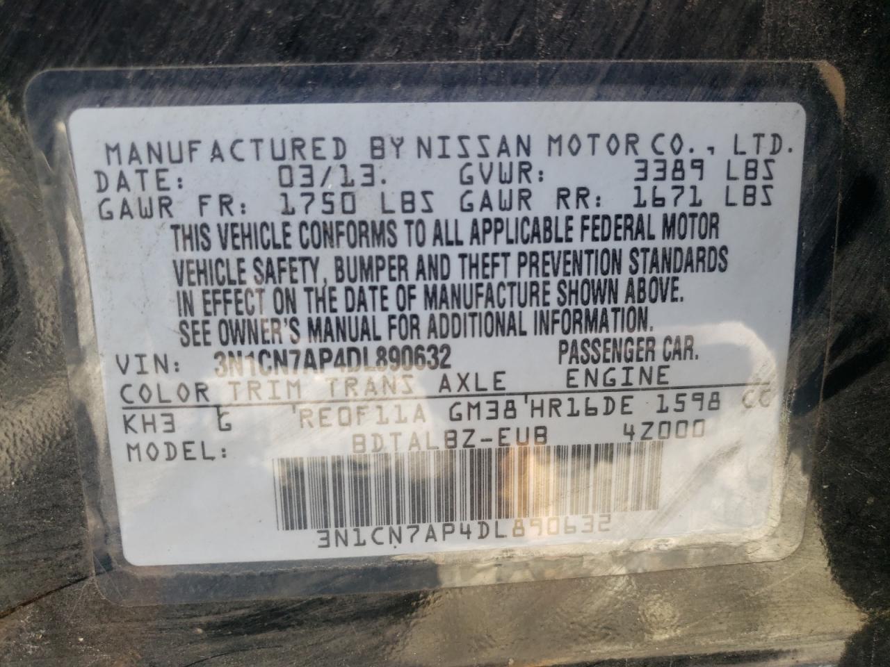 Photo 10 from auction – 2013 NISSAN VERSA S with VIN 3N1CN7AP4DL890632