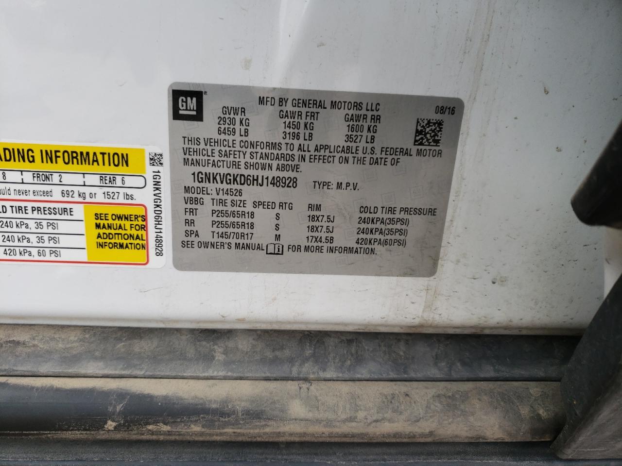 Photo 10 from auction – 2017 CHEVROLET TRAVERSE L with VIN 1GNKVGKD6HJ148928