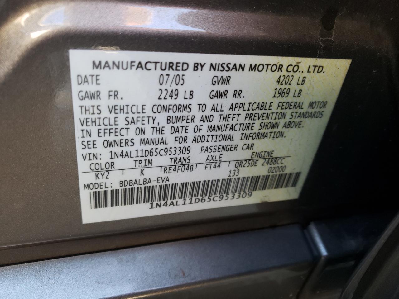 Photo 10 from auction – 2005 NISSAN ALTIMA S with VIN 1N4AL11D65C953309