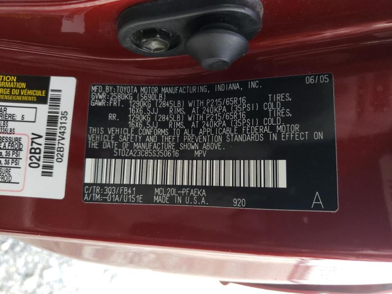 Photo 10 from auction – 2005 TOYOTA SIENNA CE with VIN 5TDZA23C85S350616