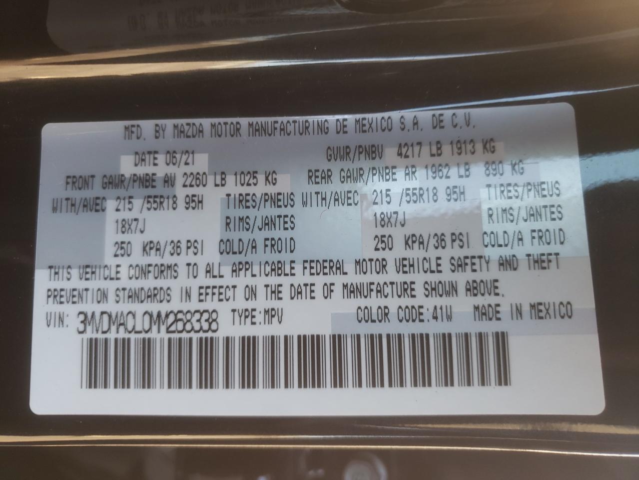 Photo 10 from auction – 2021 MAZDA CX-30 PREF with VIN 3MVDMACL0MM268338