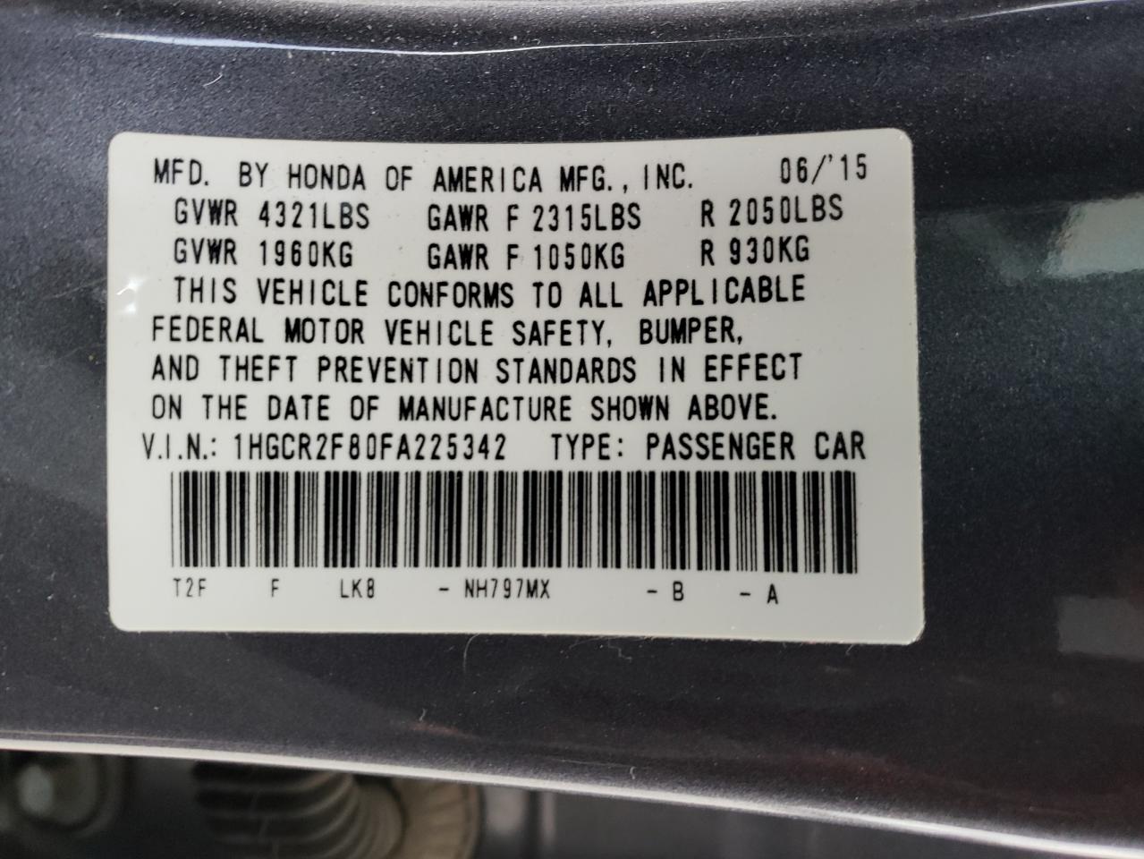 Photo 10 from auction – 2015 HONDA ACCORD EXL with VIN 1HGCR2F80FA225342