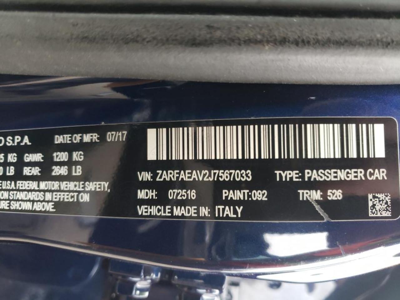 Photo 10 from auction – 2018 ALFA ROMEO GIULIA QUA with VIN ZARFAEAV2J7567033