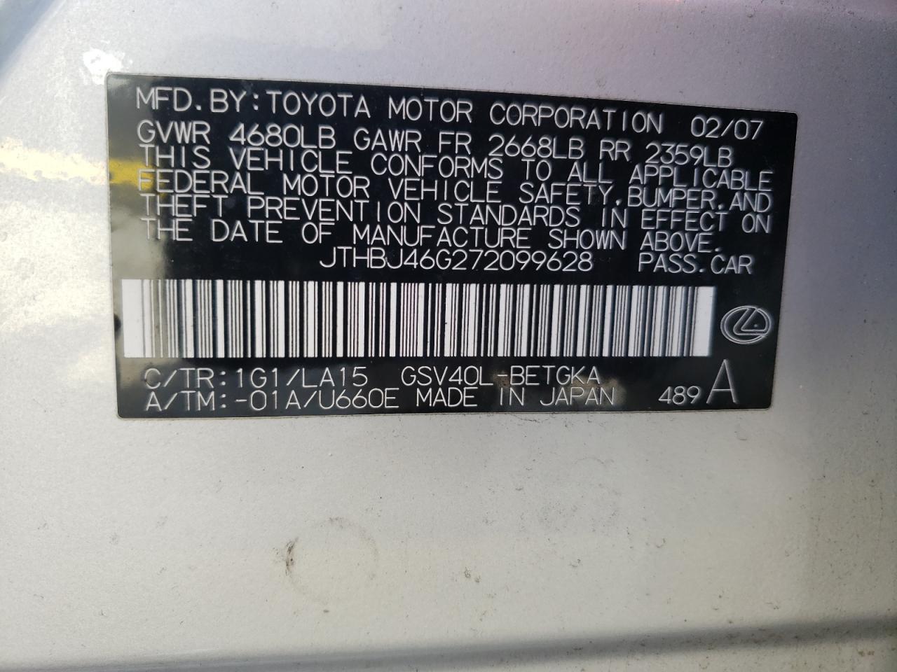 Photo 10 from auction – 2007 LEXUS ES 350 with VIN JTHBJ46G272099628