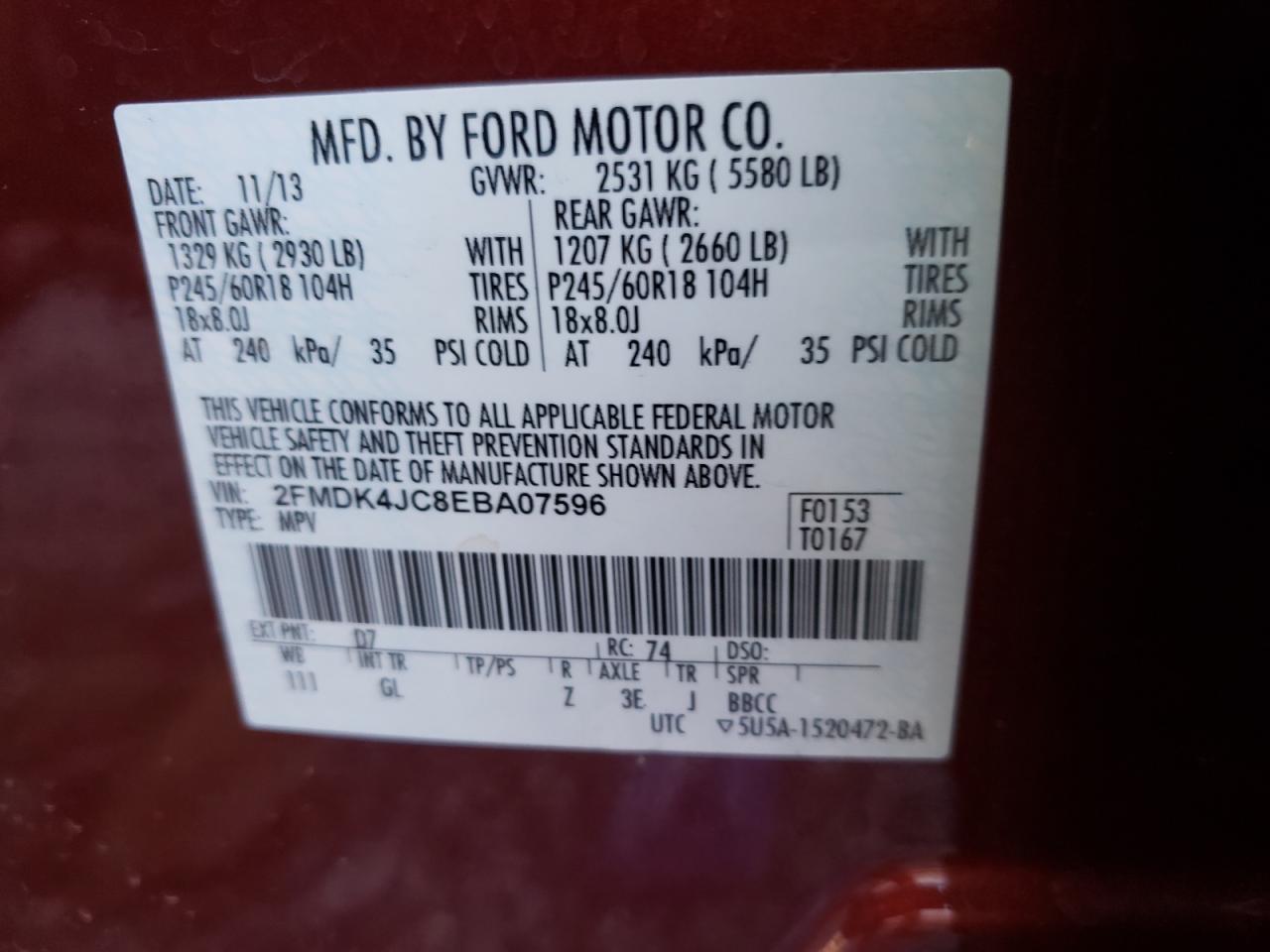 Photo 11 from auction – 2014 FORD EDGE SEL with VIN 2FMDK4JC8EBA07596