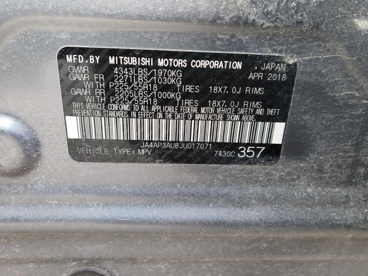 Photo 10 from auction – 2018 MITSUBISHI OUTLANDER with VIN JA4AP3AU8JU017071