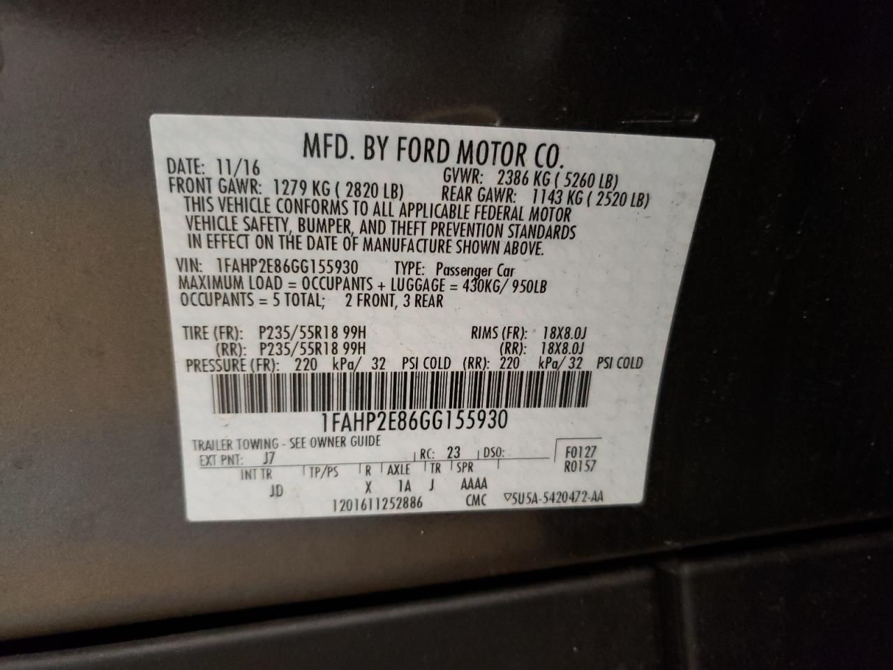 Photo 10 from auction – 2016 FORD TAURUS SEL with VIN 1FAHP2E86GG155930