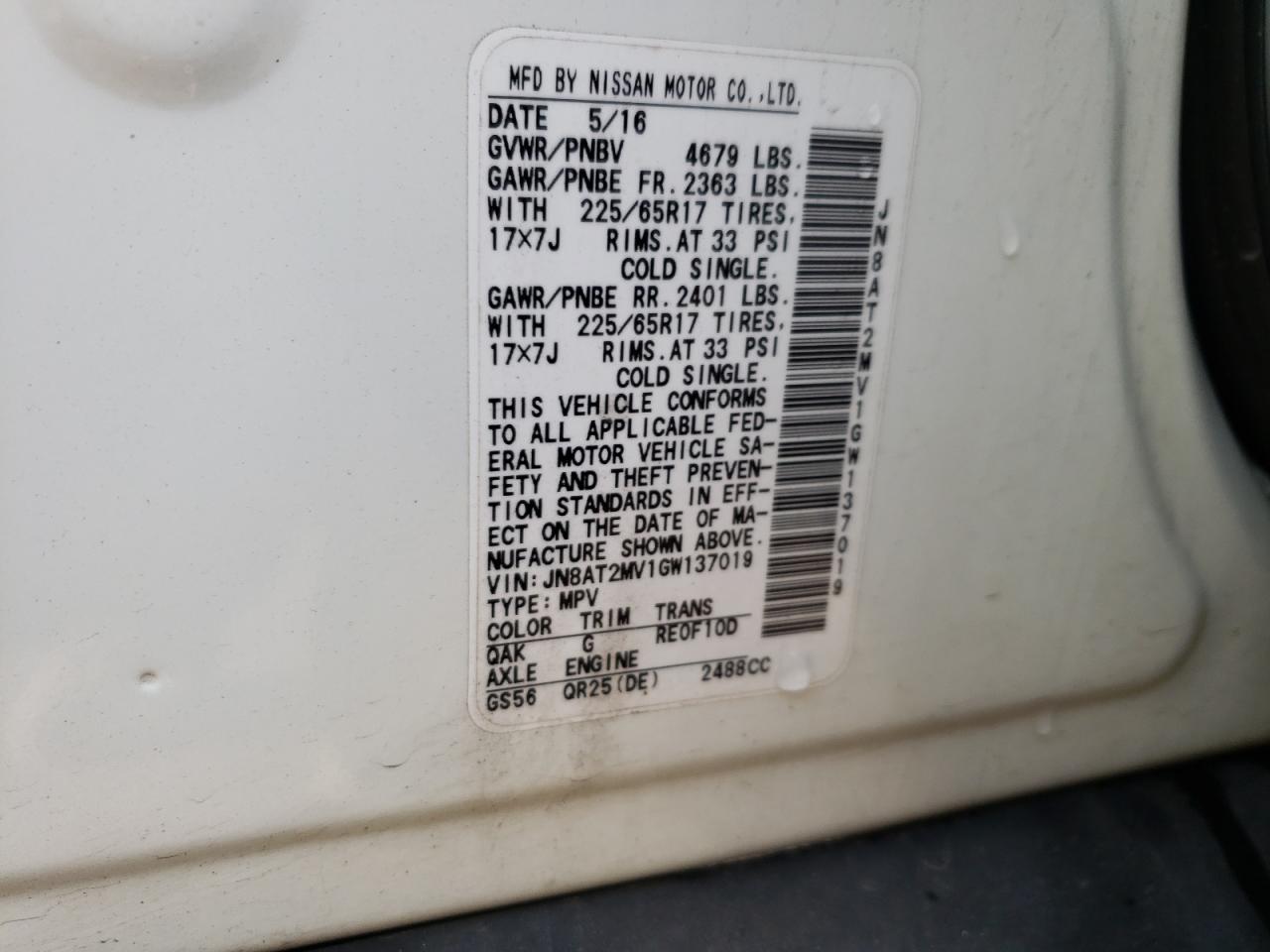 Photo 10 from auction – 2016 NISSAN ROGUE S with VIN JN8AT2MV1GW137019