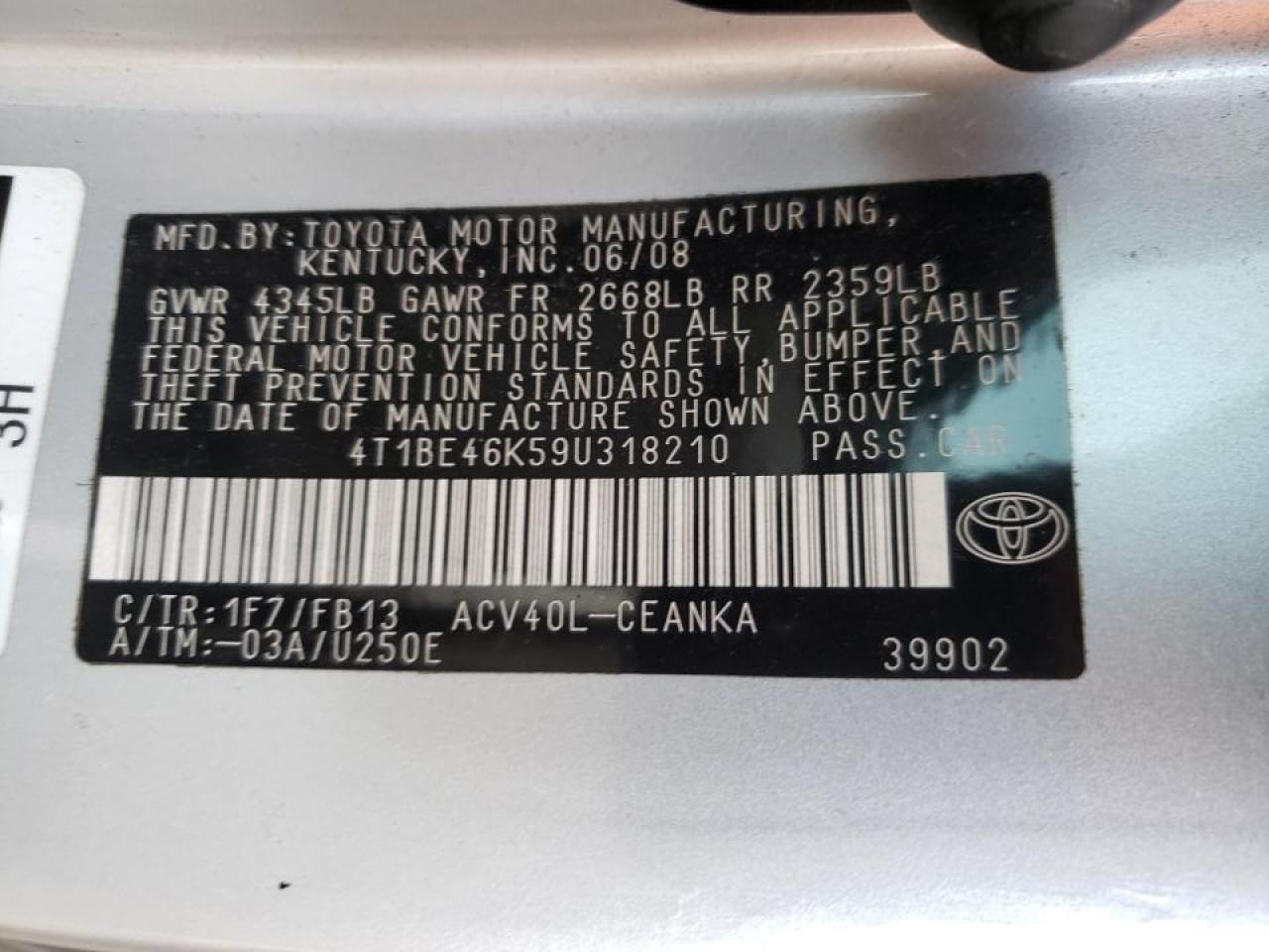 Photo 10 from auction – 2009 TOYOTA CAMRY BASE with VIN 4T1BE46K59U318210