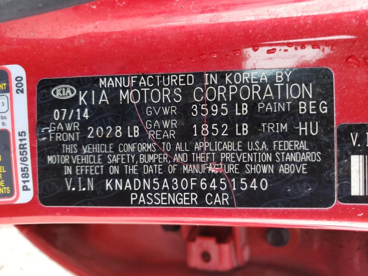 Photo 10 from auction – 2015 KIA RIO EX with VIN KNADN5A30F6451540